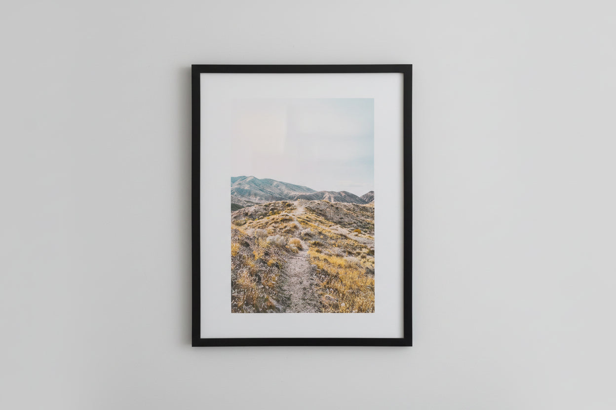 Framed photograph of a mountain landscape on a textured wall.